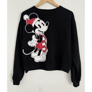 Disney Mickey Mouse With Santa Hat Sweatshirt Cropped Black Women’s  Size XS